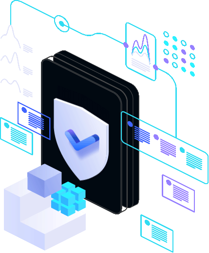 Colorful graphs and text bubbles encircle a white shield shape with a purple check mark on it